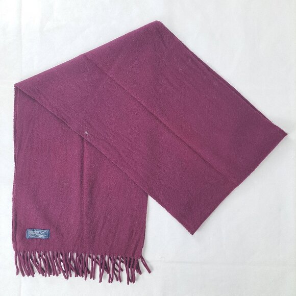 BURBERRY London Vintage Solid Plaid Knit 100% Lambs Wool Fringe Maroon SCARF